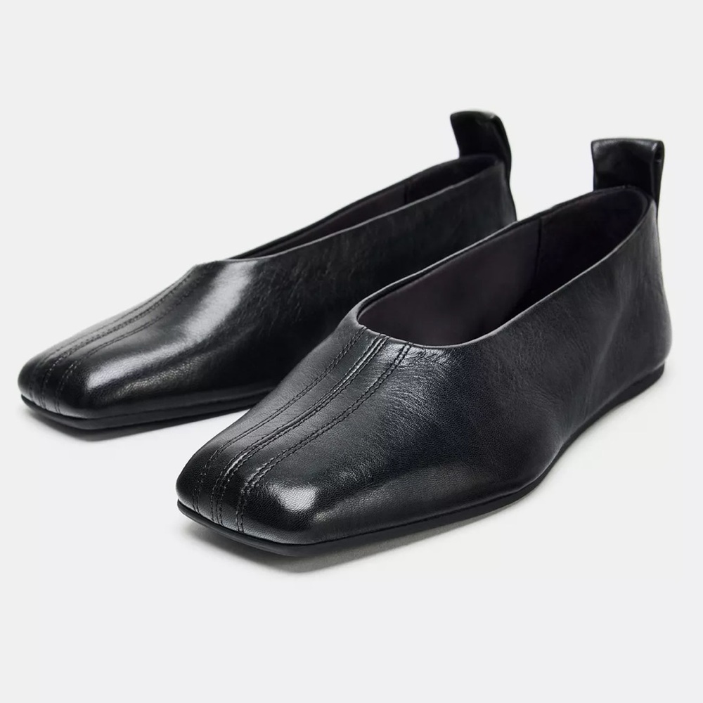 ZARA SQUARE TOE LEATHER BALLET FLATS